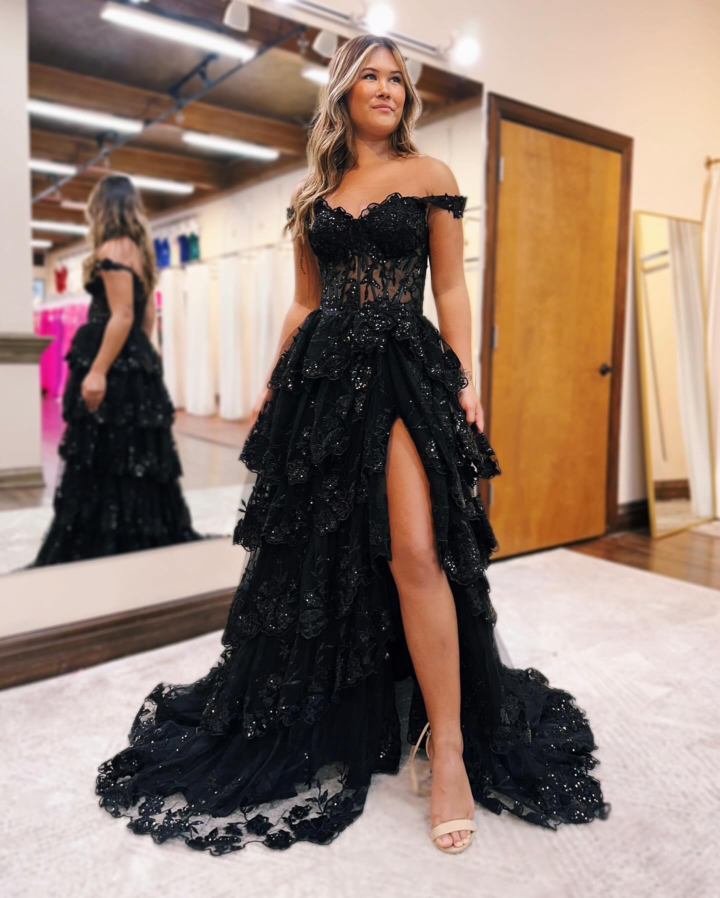 L1938 - Off-Shoulder Sequined Appliqued Sheer Tulle A-Line Long Homecoming Dress