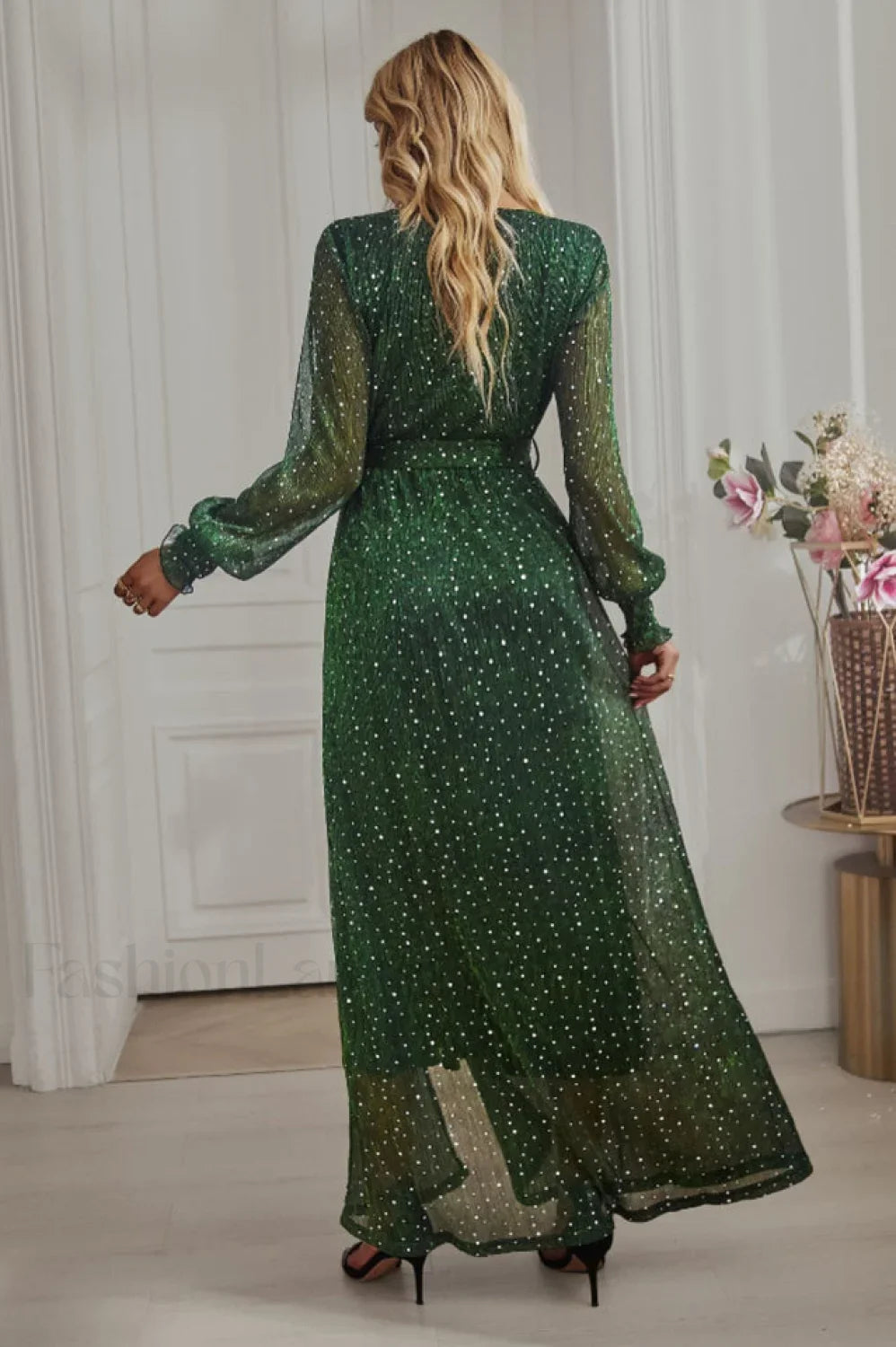 Leandra Front Split Charming Shimmer Maxi Dress