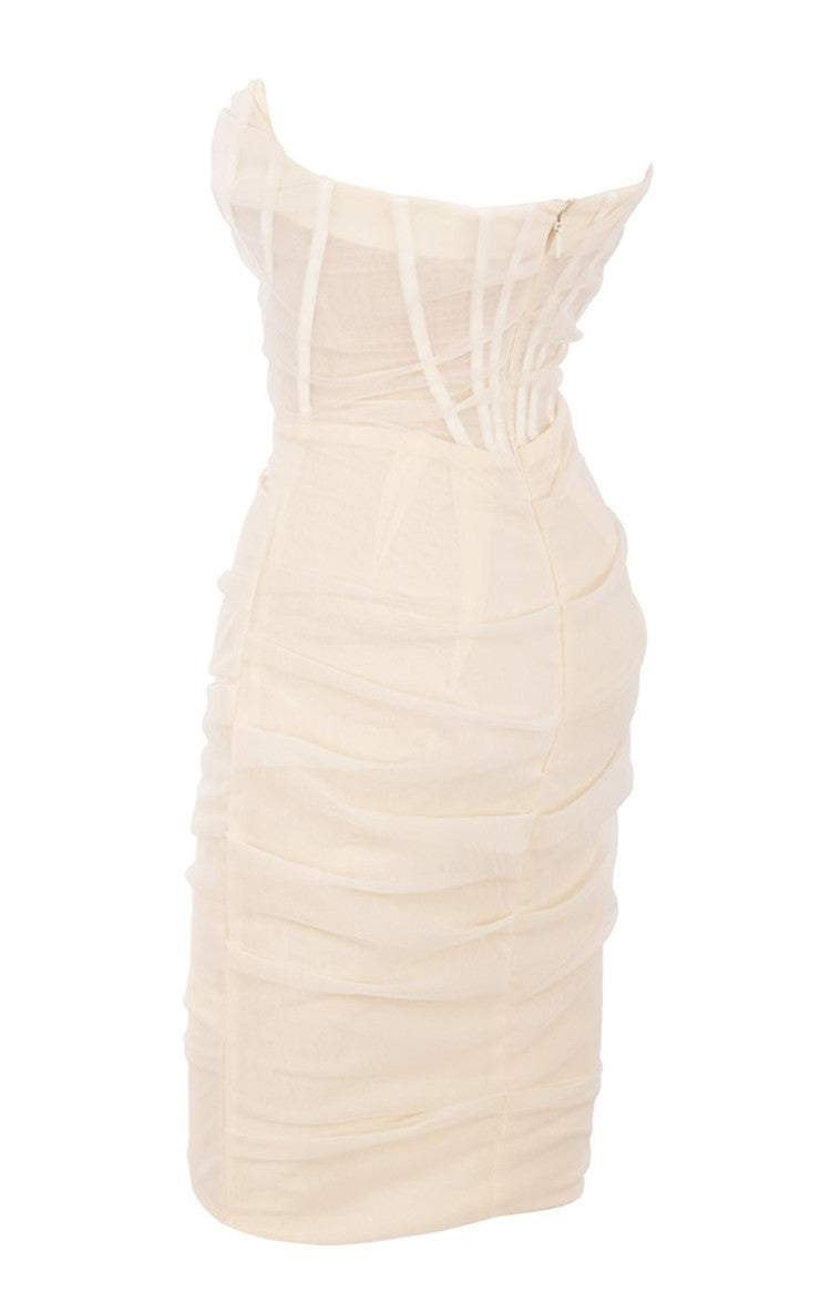 Strapless Sheer Mesh Corset Boning Ruched Bodycon Midi Dress 17
