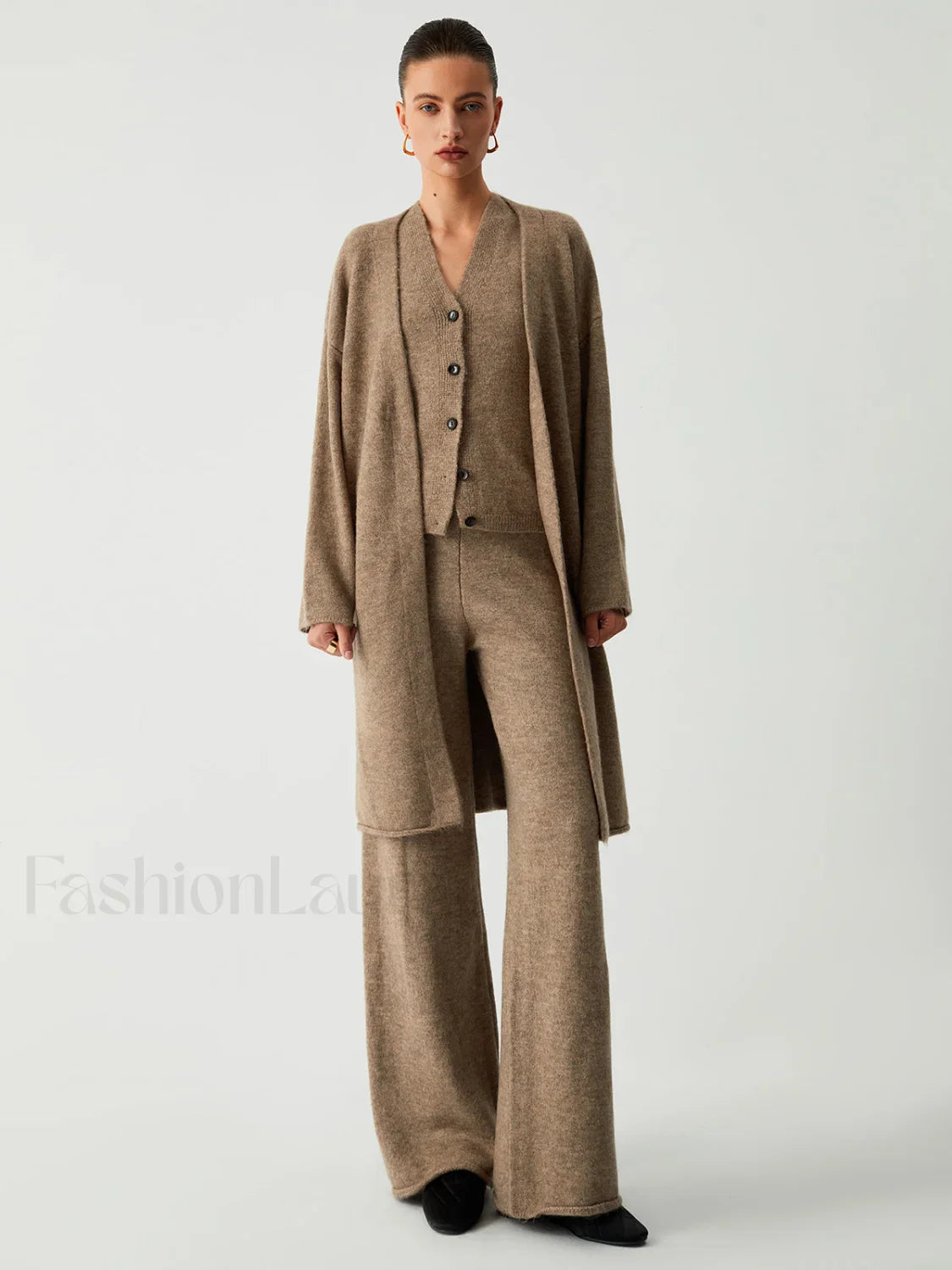 Leisure Long Cardigan Trendy Three Piece Pants Set Khaki / S Pant Sets