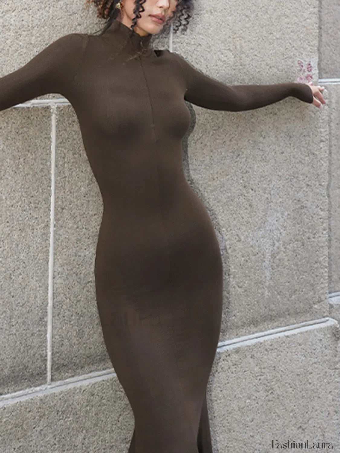 Leisure Mock Neck Trendy Long Sleeve Midi Dress