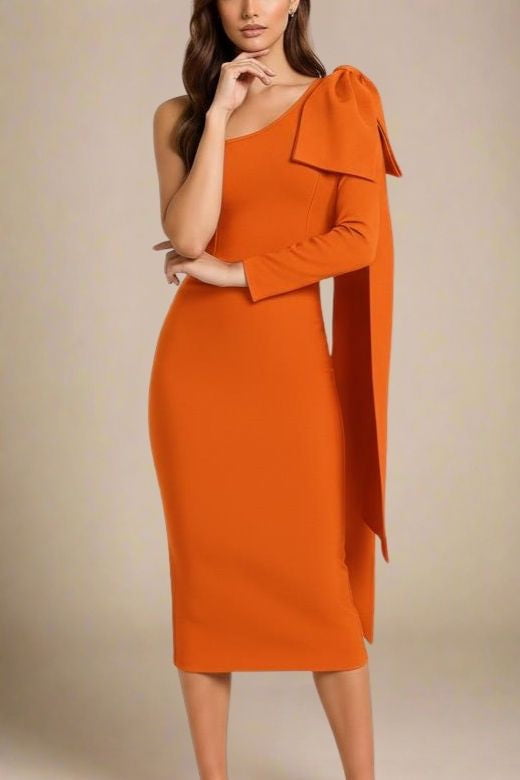 Lela Long Sleeve Bandage Midi Dress - Apricot Orange