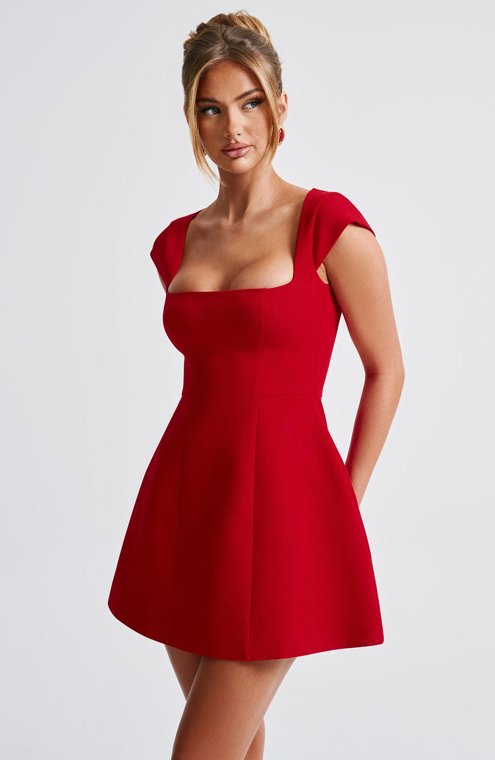 Square Neck Cap Sleeve Structured Puffball Mini Dress 6