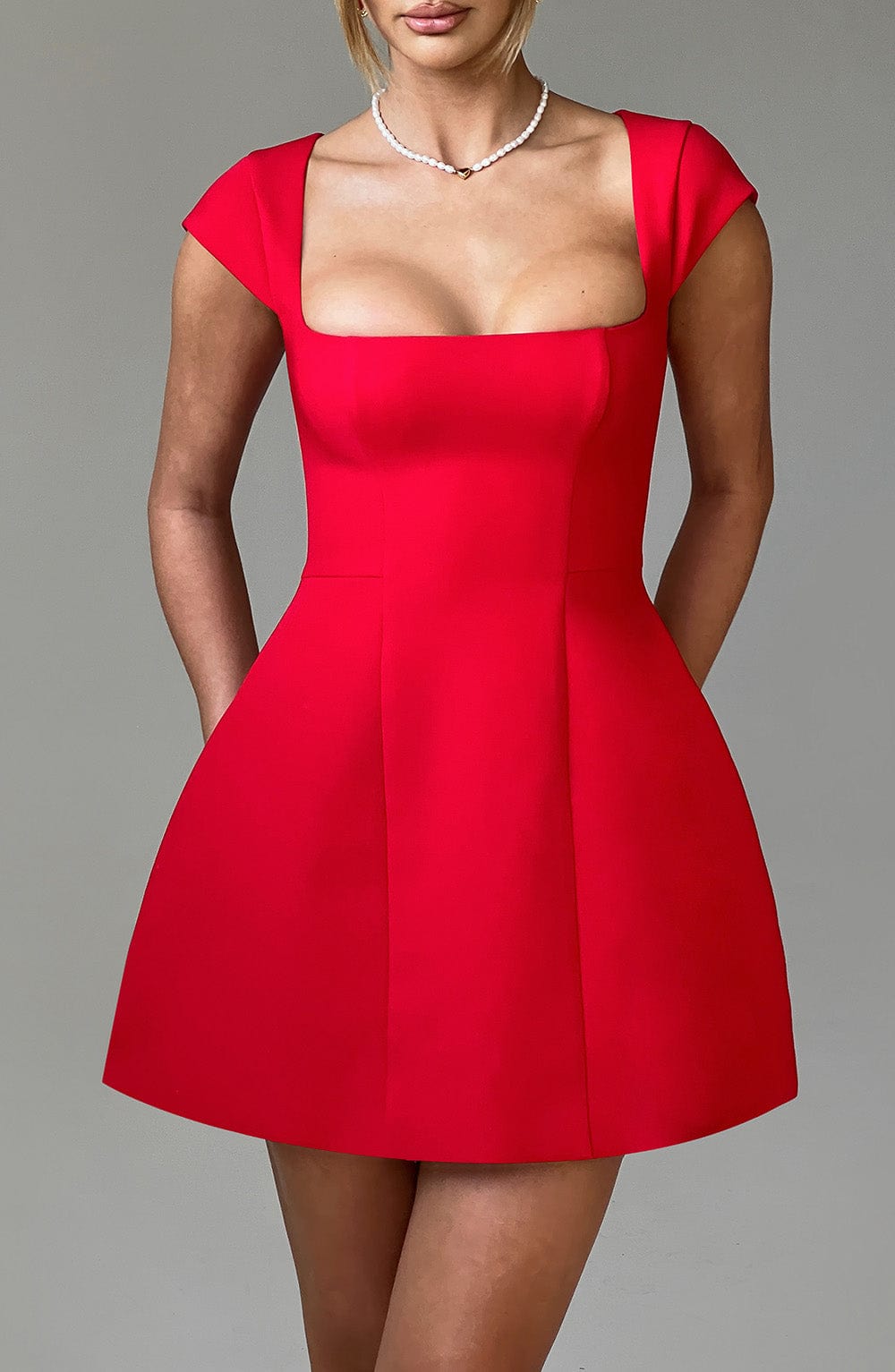 Square Neck Cap Sleeve Structured Puffball Mini Dress 9