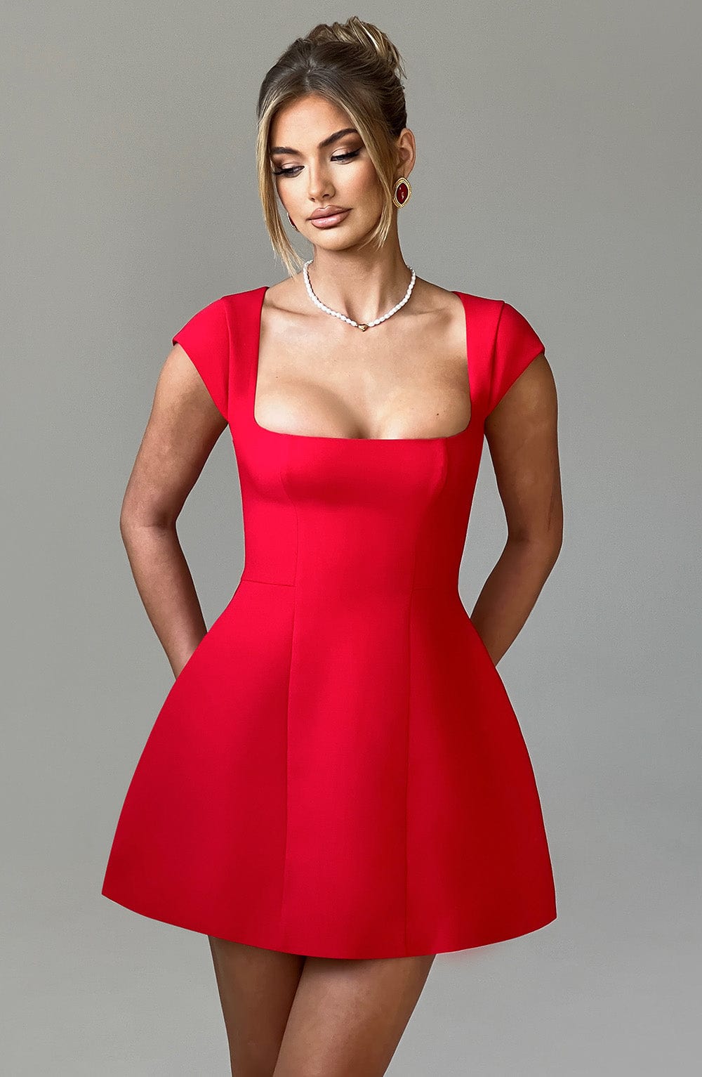 Square Neck Cap Sleeve Structured Puffball Mini Dress 11
