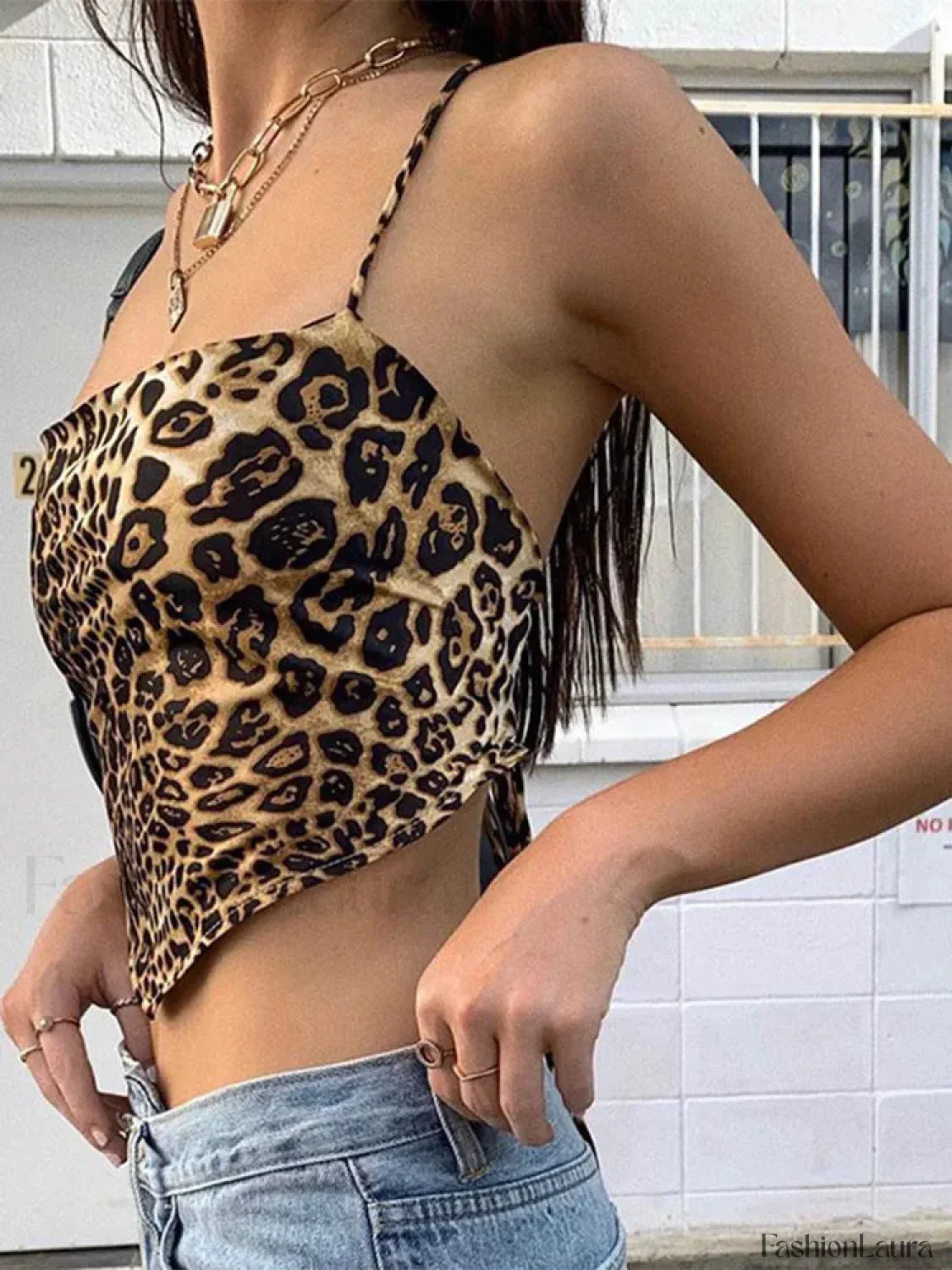 Leopard Pattern Backless Cross Lace Crop Top