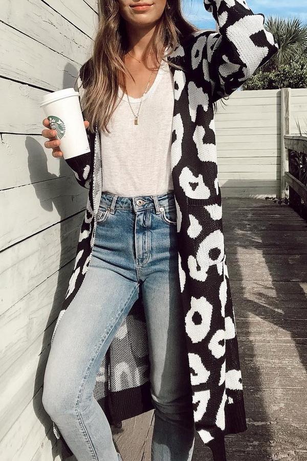 Leopard Print Long Sweater Coat