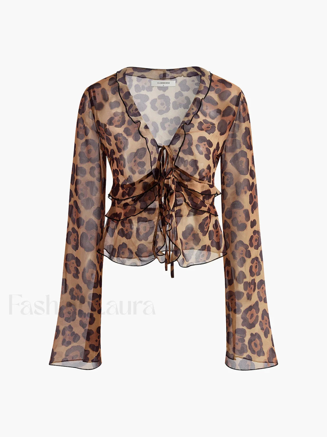 Leopard Print Semi-Sheer Ruffle V-Neck Blouse