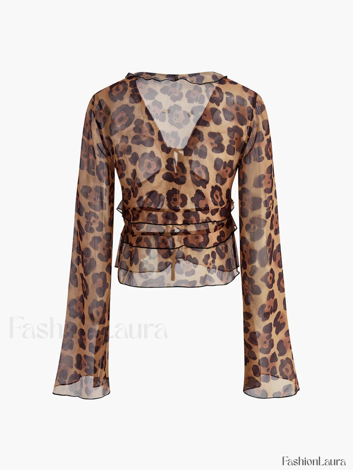 Leopard Print Semi-Sheer Ruffle V-Neck Blouse