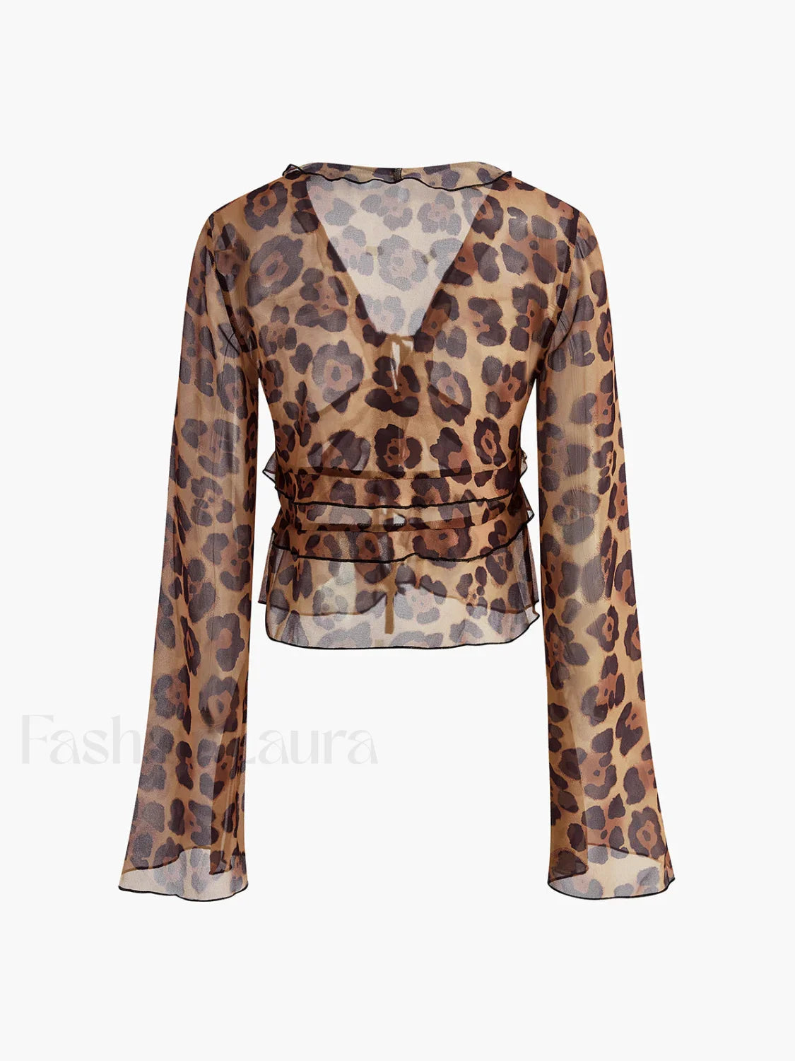 Leopard Print Semi-Sheer Ruffle V-Neck Blouse