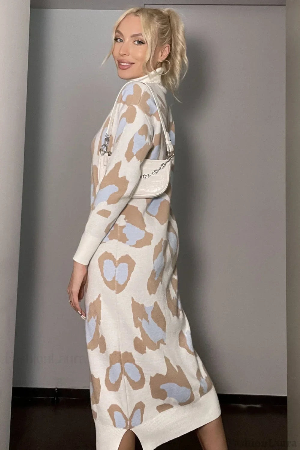 Leopard Print Turtleneck Sweater Dress