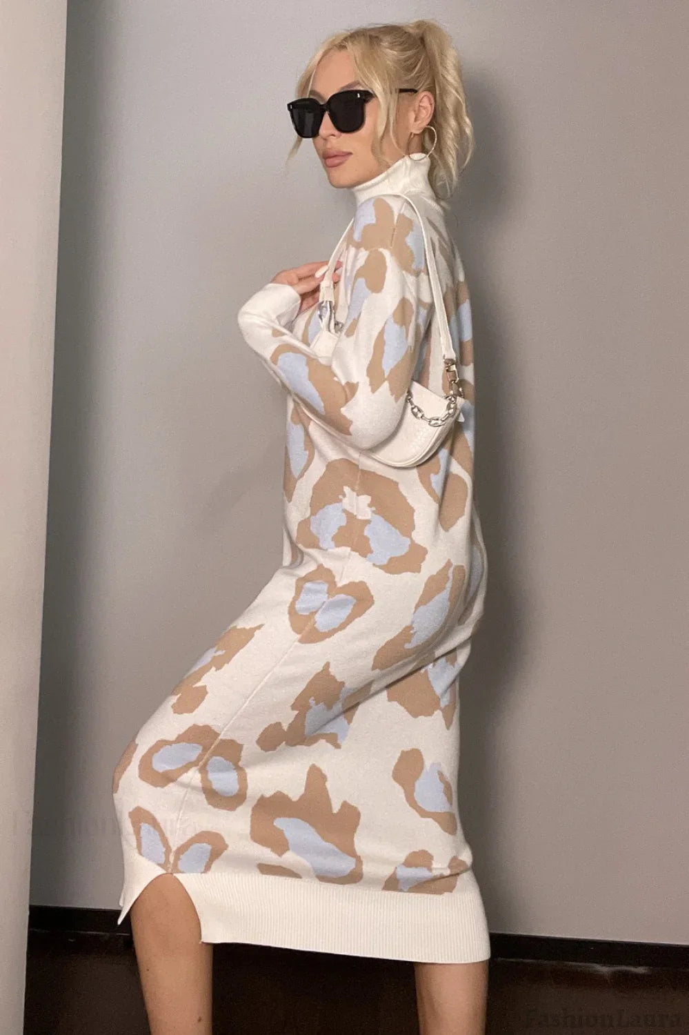 Leopard Print Turtleneck Sweater Dress