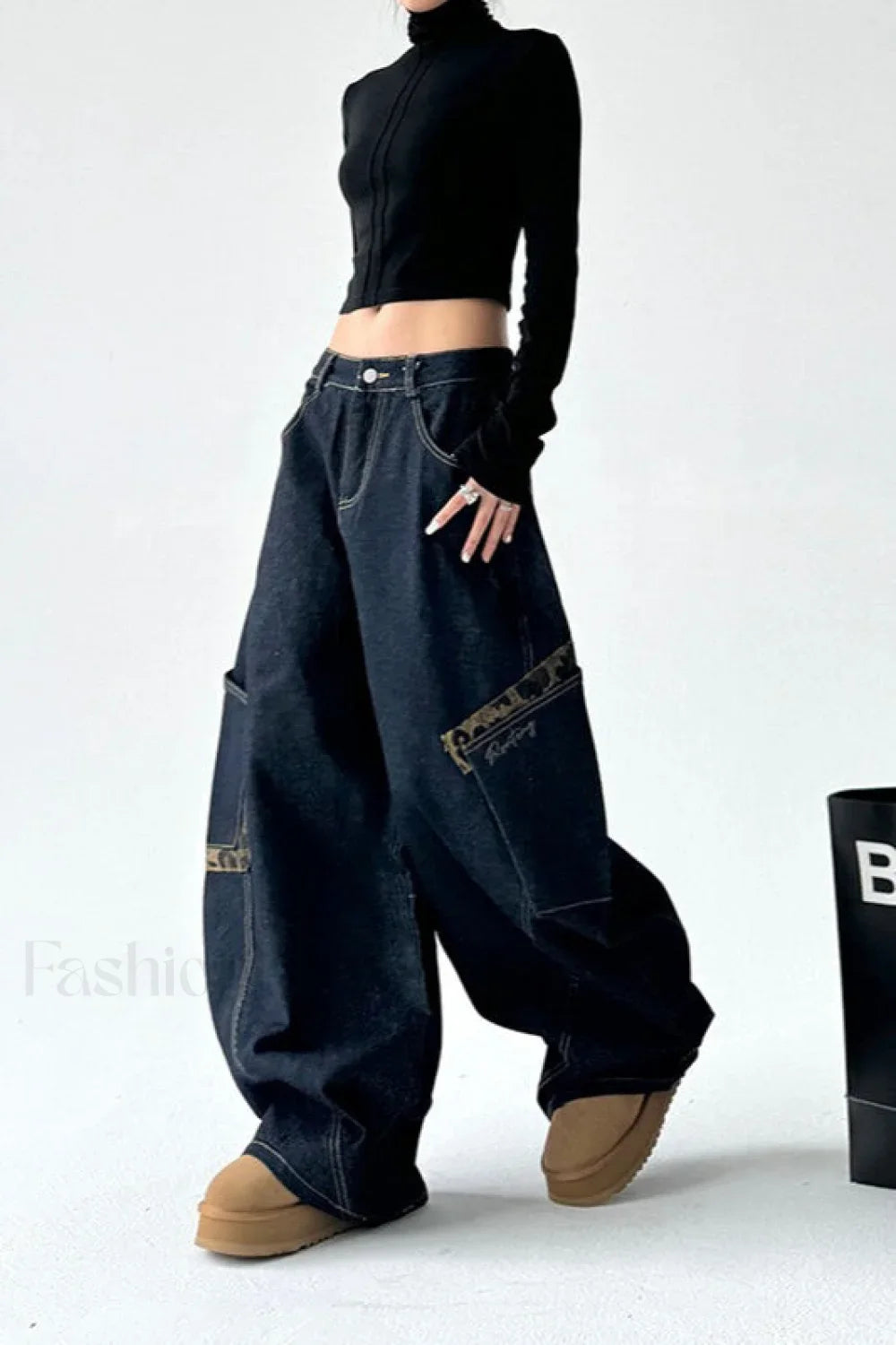 Leopard Spliced Vintage Wide Leg Jeans