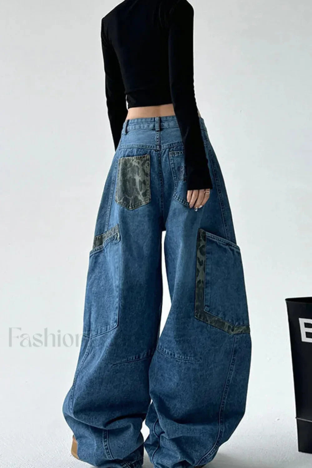 Leopard Spliced Vintage Wide Leg Jeans