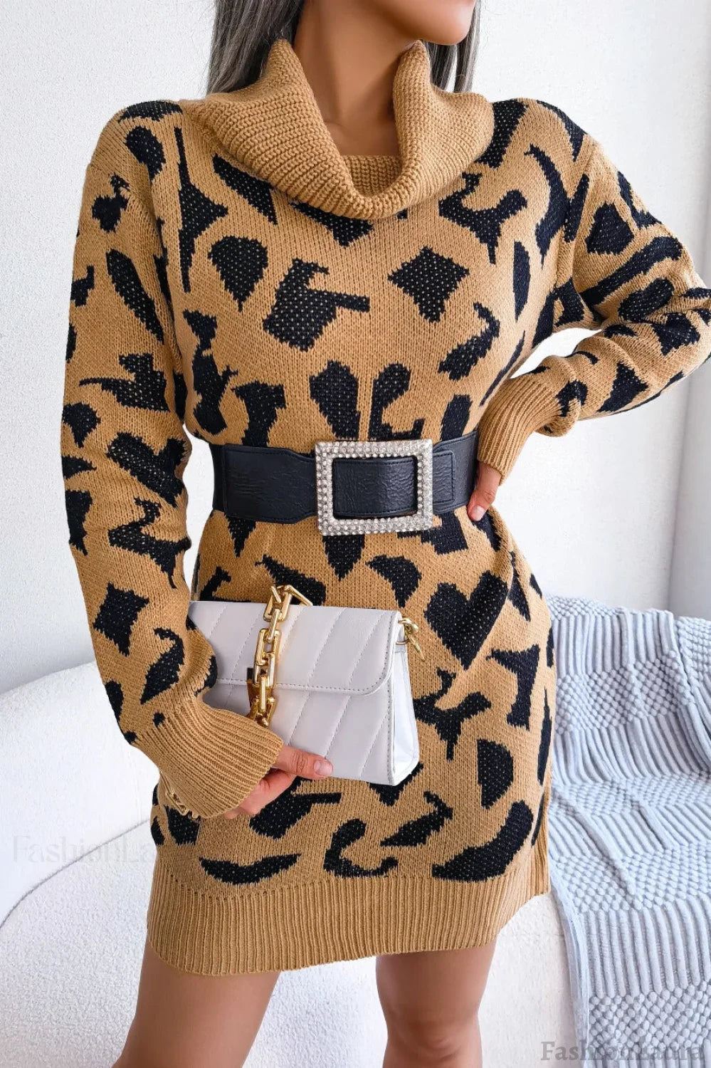 Leopard Turtleneck Sweater Dress S / Khaki