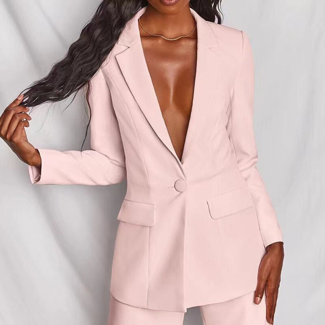 Deep V Blazer and Wide Leg Pants Two Piece Set