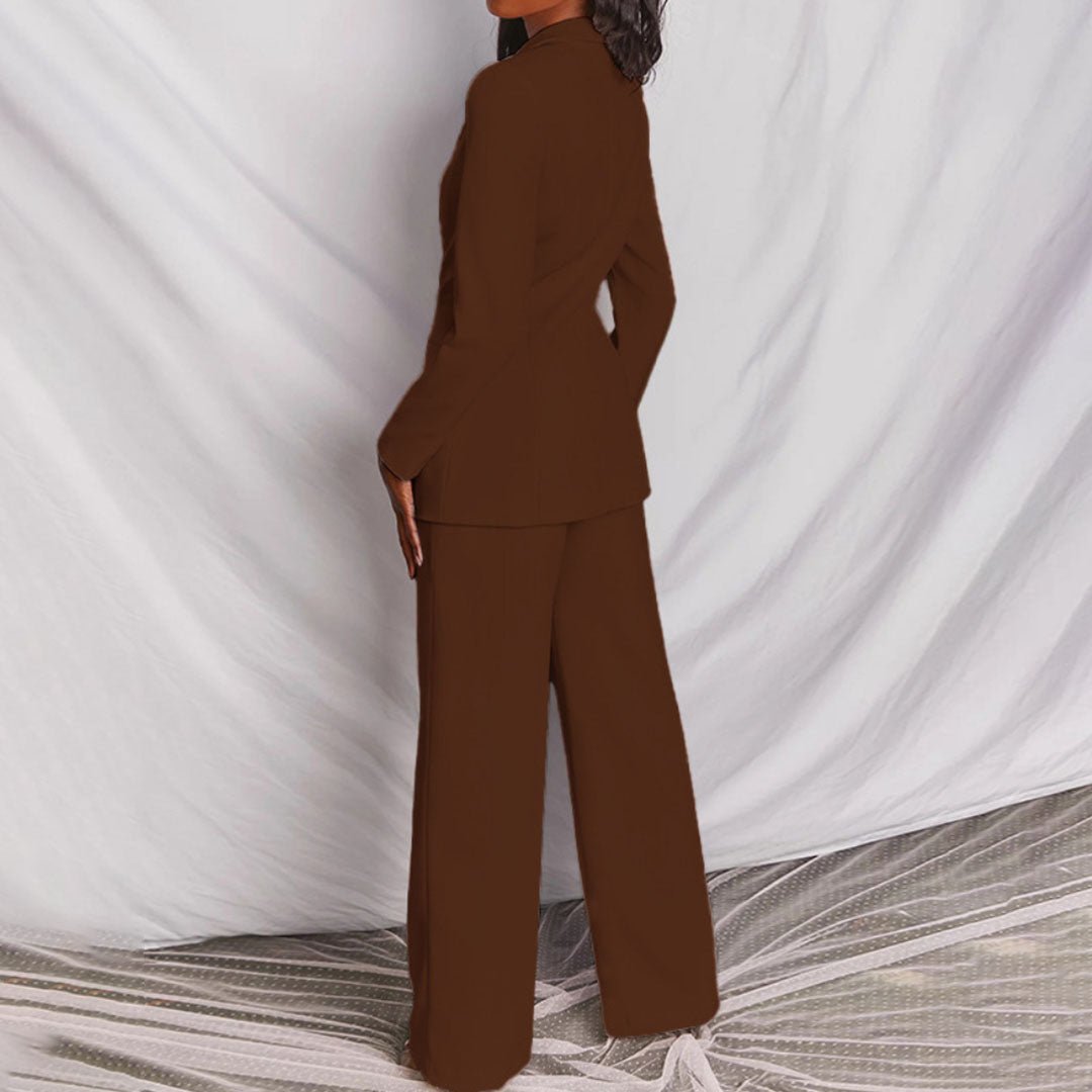 Deep V Blazer and Wide Leg Pants Two Piece Set
