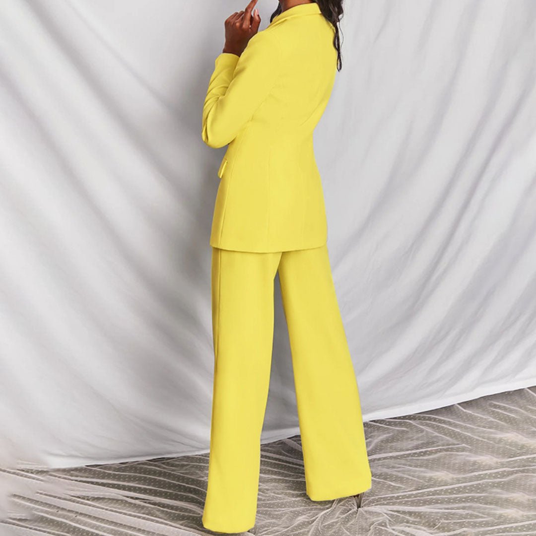 Deep V Blazer and Wide Leg Pants Two Piece Set
