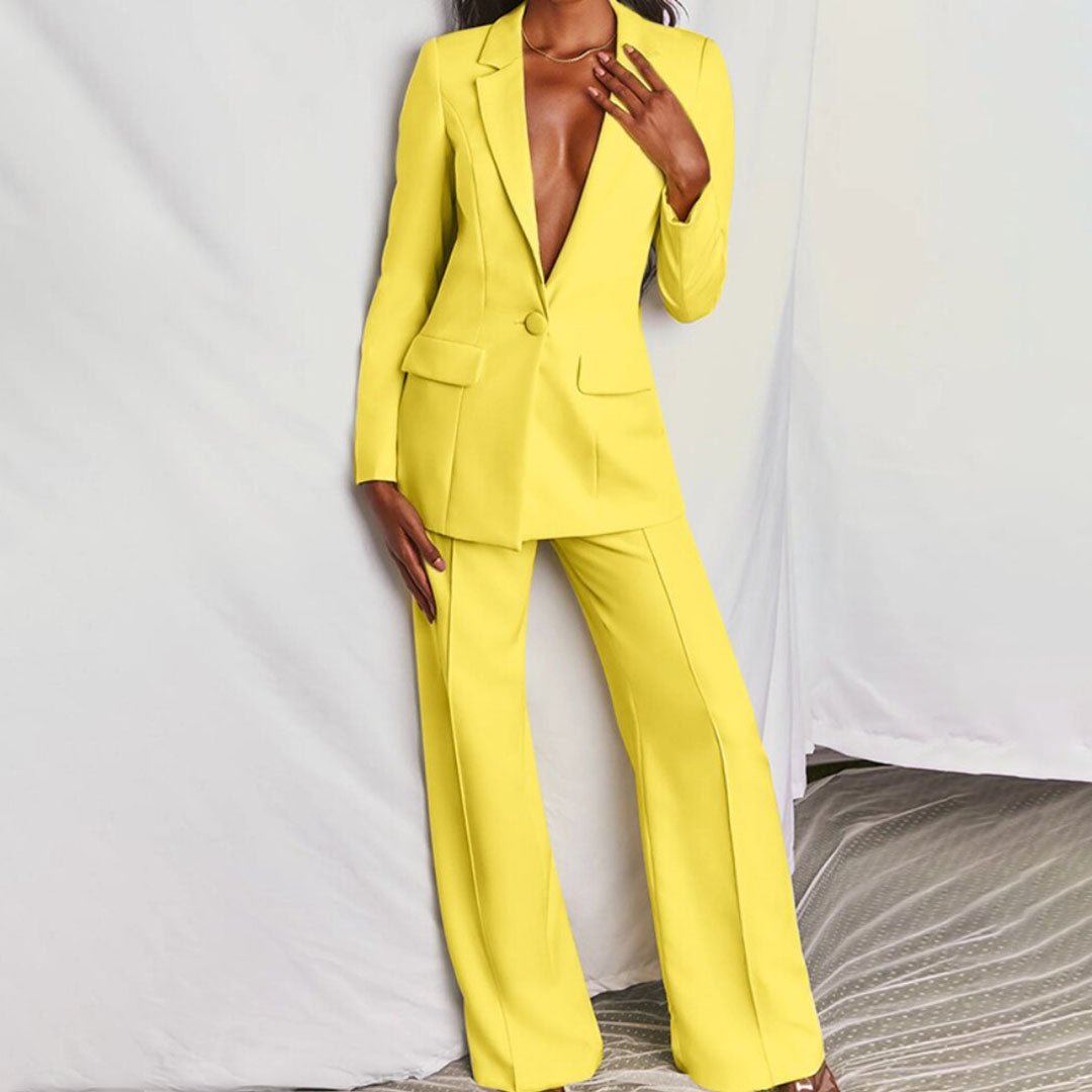 Deep V Blazer and Wide Leg Pants Two Piece Set