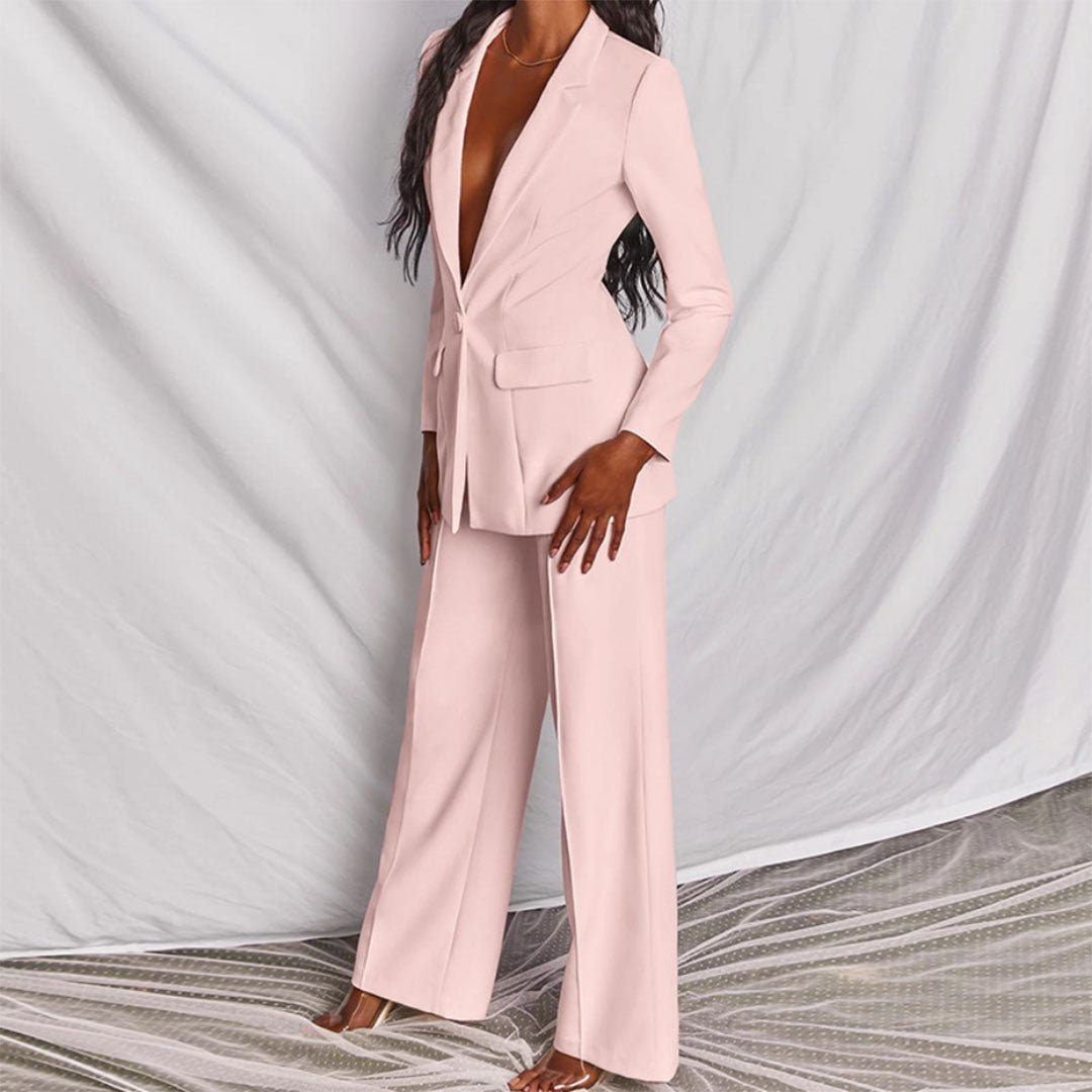 Deep V Blazer and Wide Leg Pants Two Piece Set