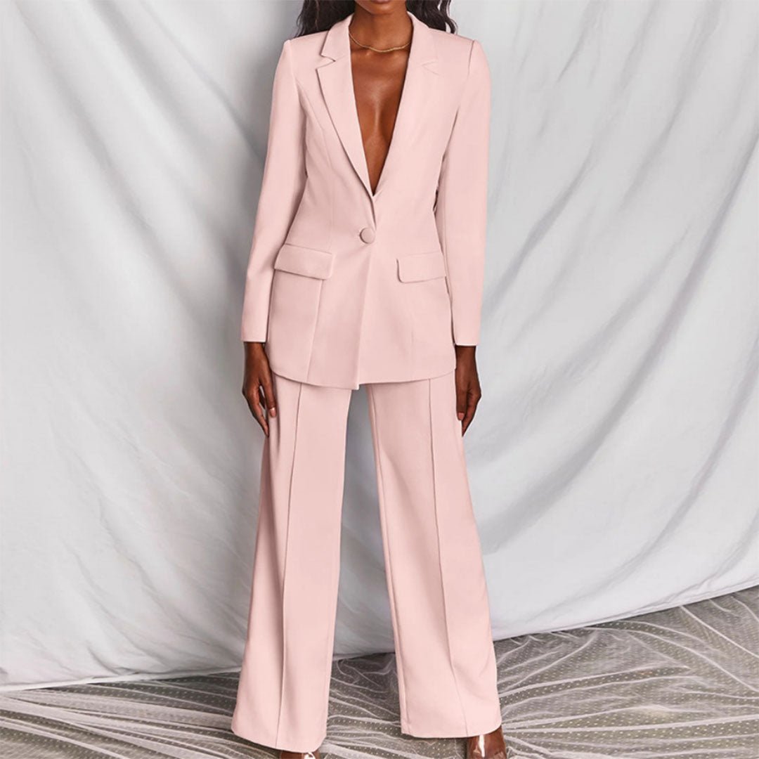 Deep V Blazer and Wide Leg Pants Two Piece Set