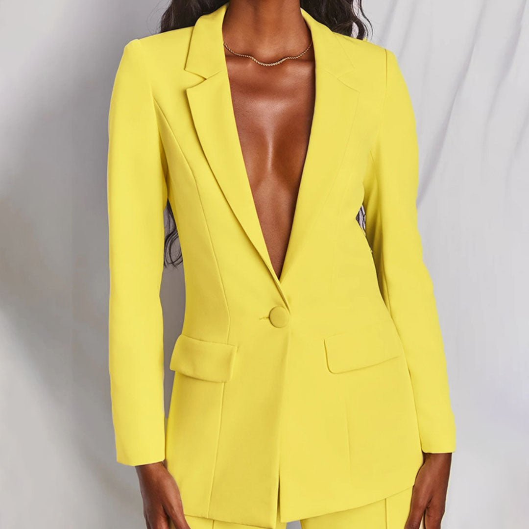 Deep V Blazer and Wide Leg Pants Two Piece Set