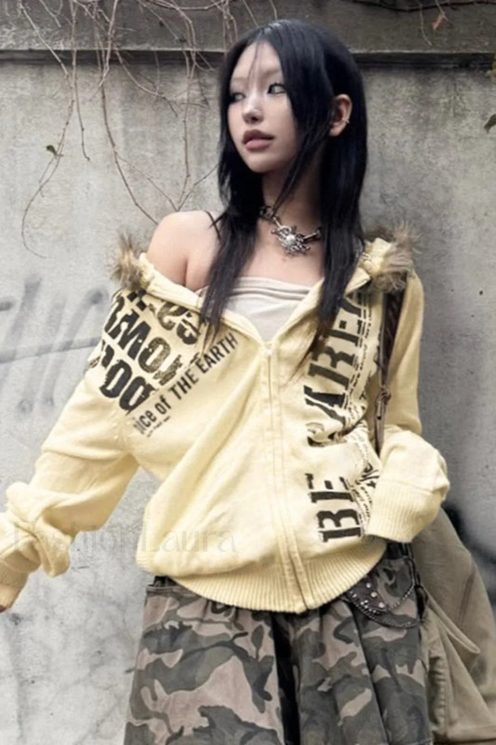 Letter Print Fur Detail Hoodie