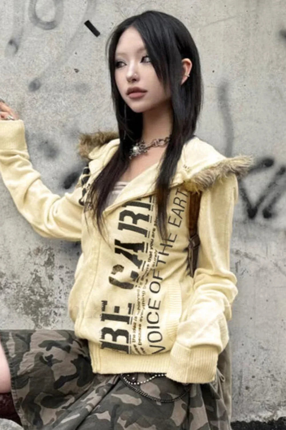 Letter Print Fur Detail Hoodie