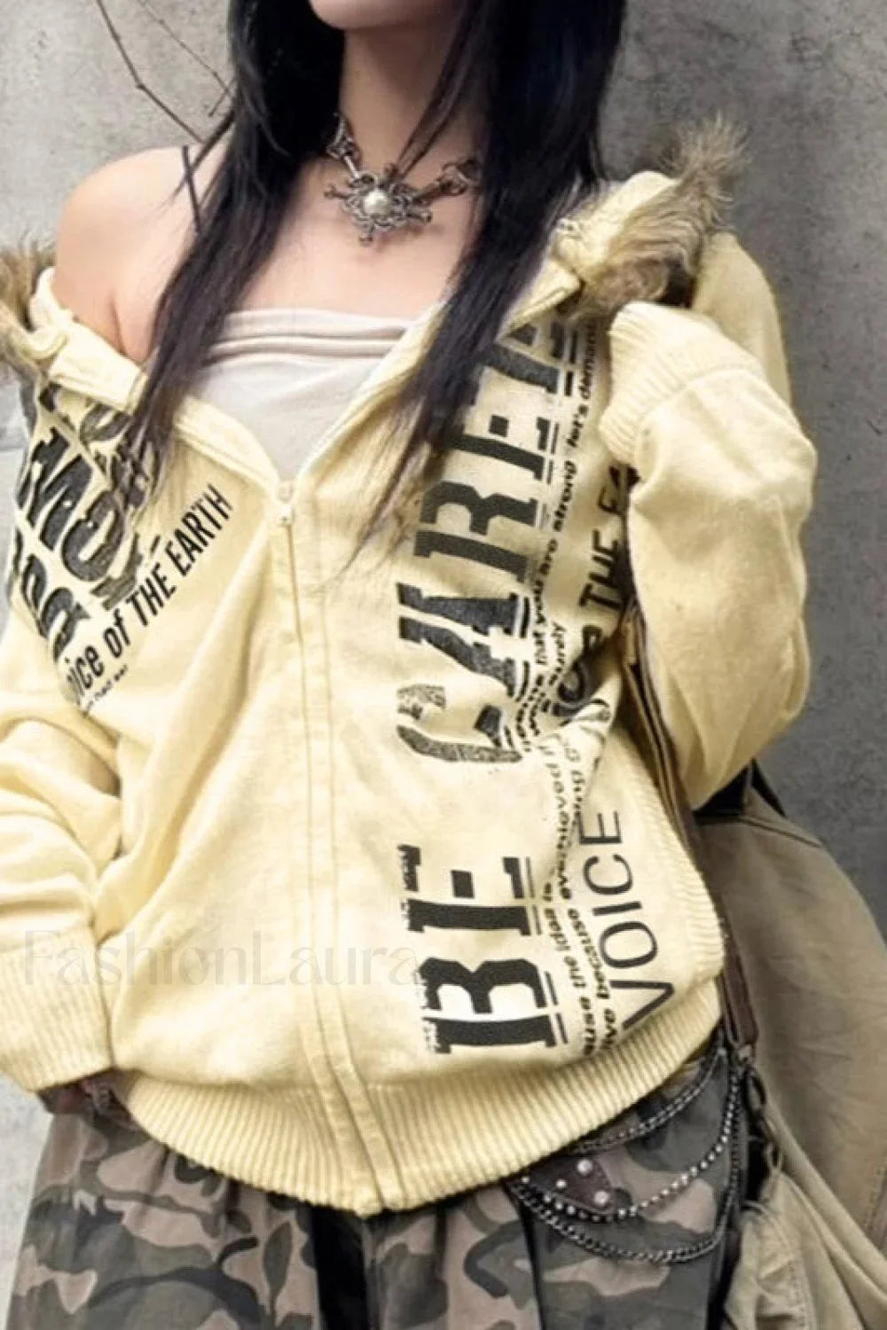 Letter Print Fur Detail Hoodie Light Yellow / S