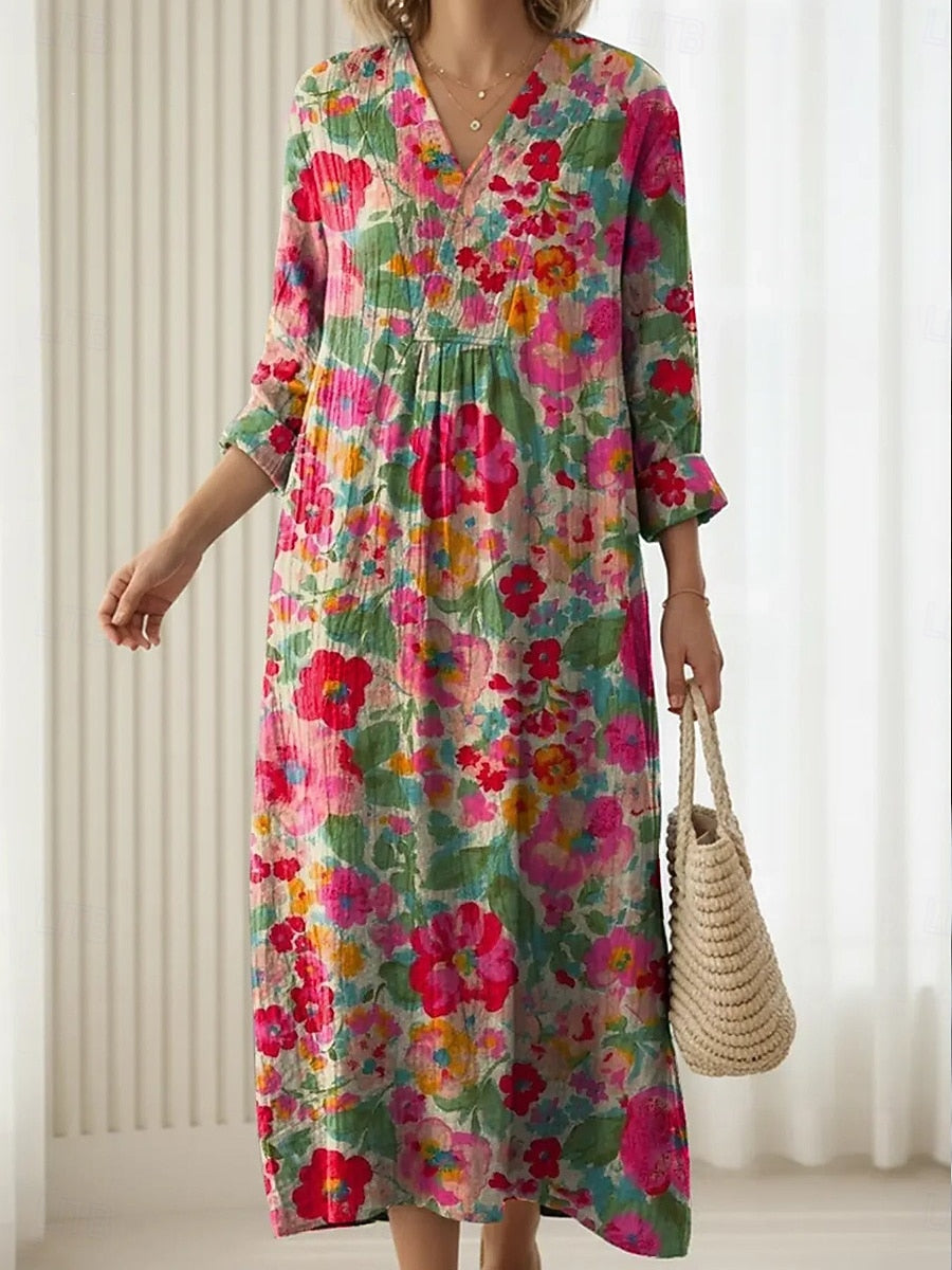 Floral Print V-Neck Button Placket A-Line Maxi Dress