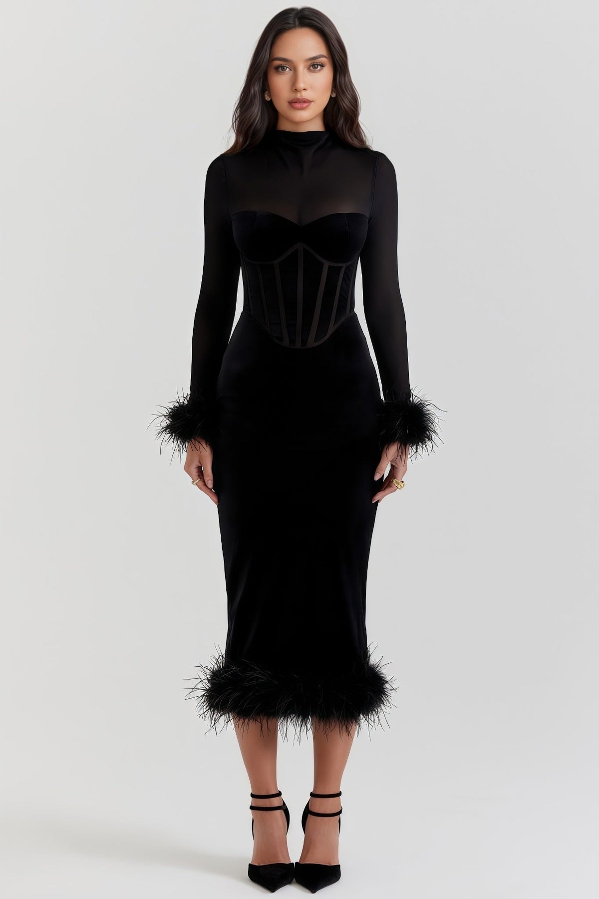 Velvet Mock Neck Sheer Mesh Long Sleeve Corset Feather Trim Midi Dress