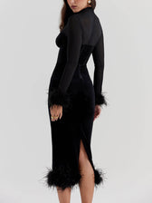 Elegance in Velvet - Black Velvet Midi Dress - View 2
