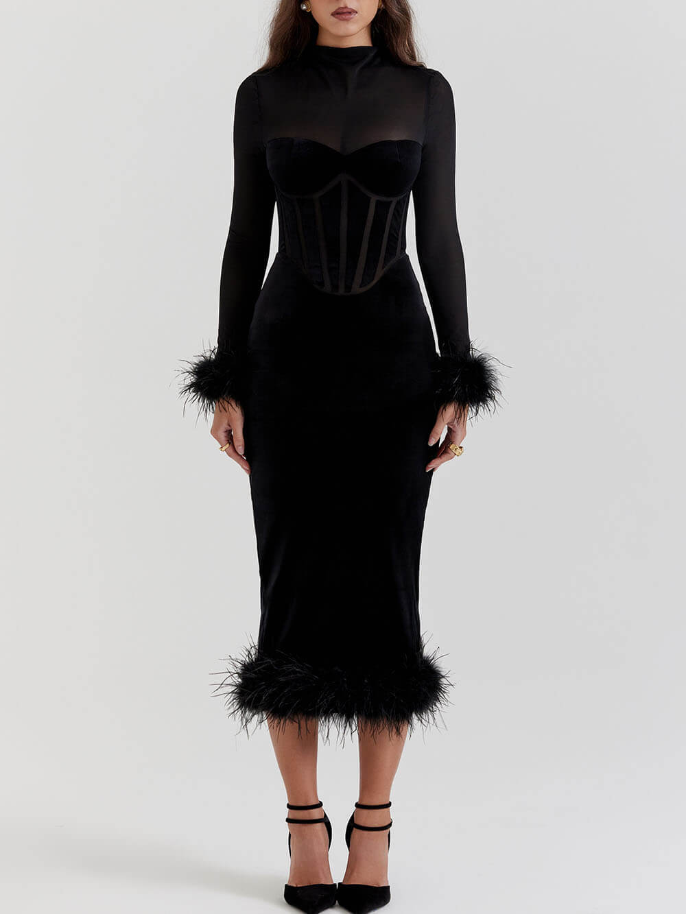 Elegance in Velvet - Black Velvet Midi Dress - View 3
