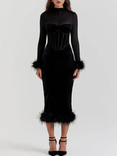 Elegance in Velvet - Black Velvet Midi Dress - View 3