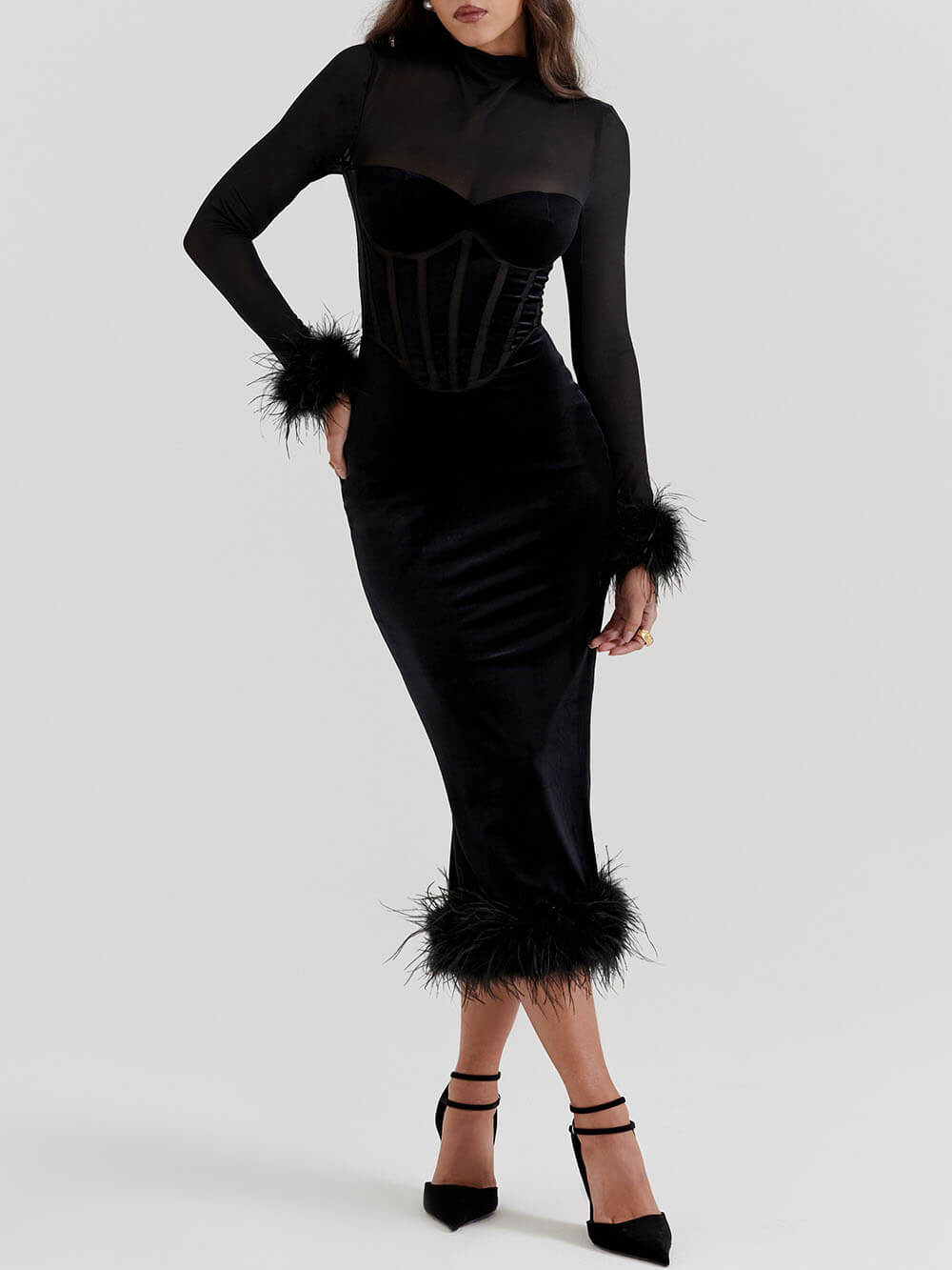 Elegance in Velvet - Black Velvet Midi Dress - View 5