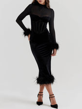 Elegance in Velvet - Black Velvet Midi Dress - View 5