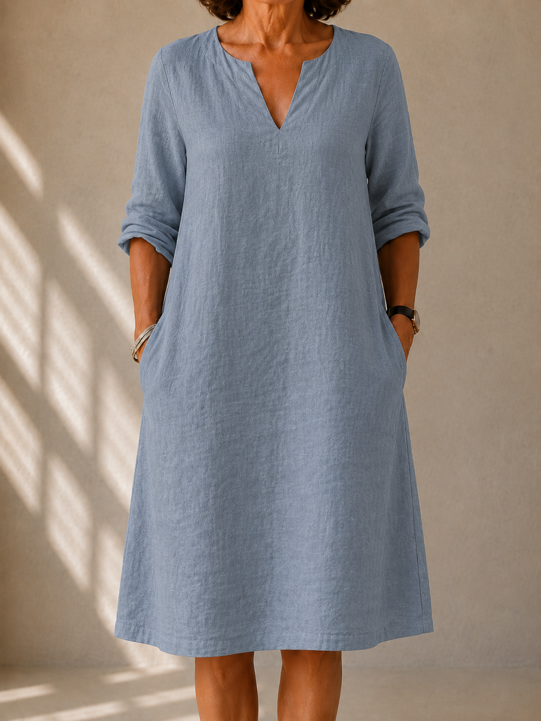 Split Neck Long Sleeve Side Pocket Linen Look Midi Dress