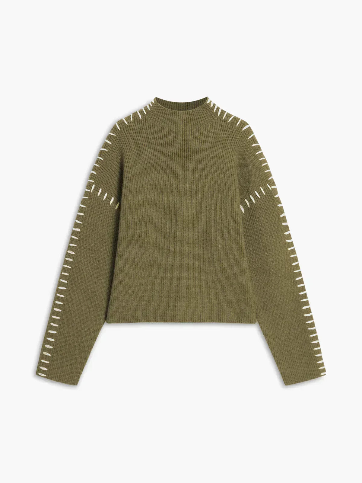 Mock Neck Whipstitch Trim Drop Shoulder Sweater