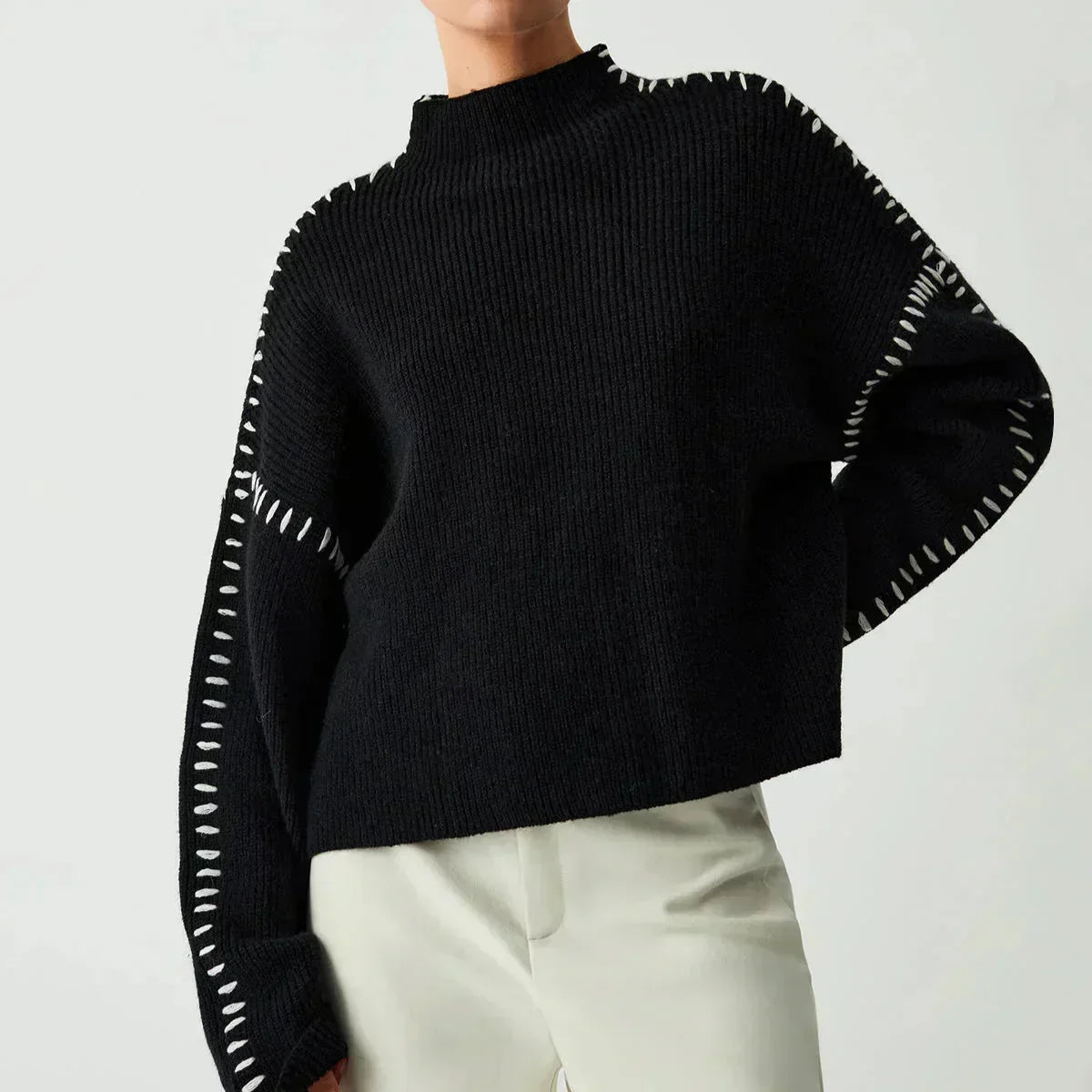 Mock Neck Whipstitch Trim Drop Shoulder Sweater