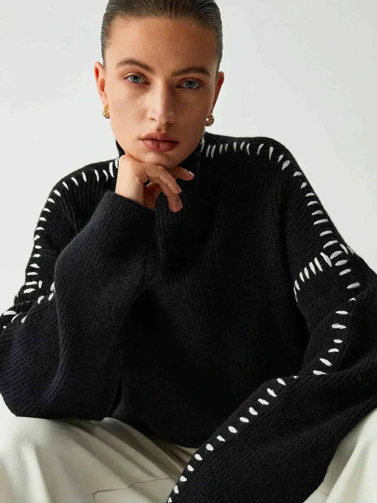 Mock Neck Whipstitch Trim Drop Shoulder Sweater
