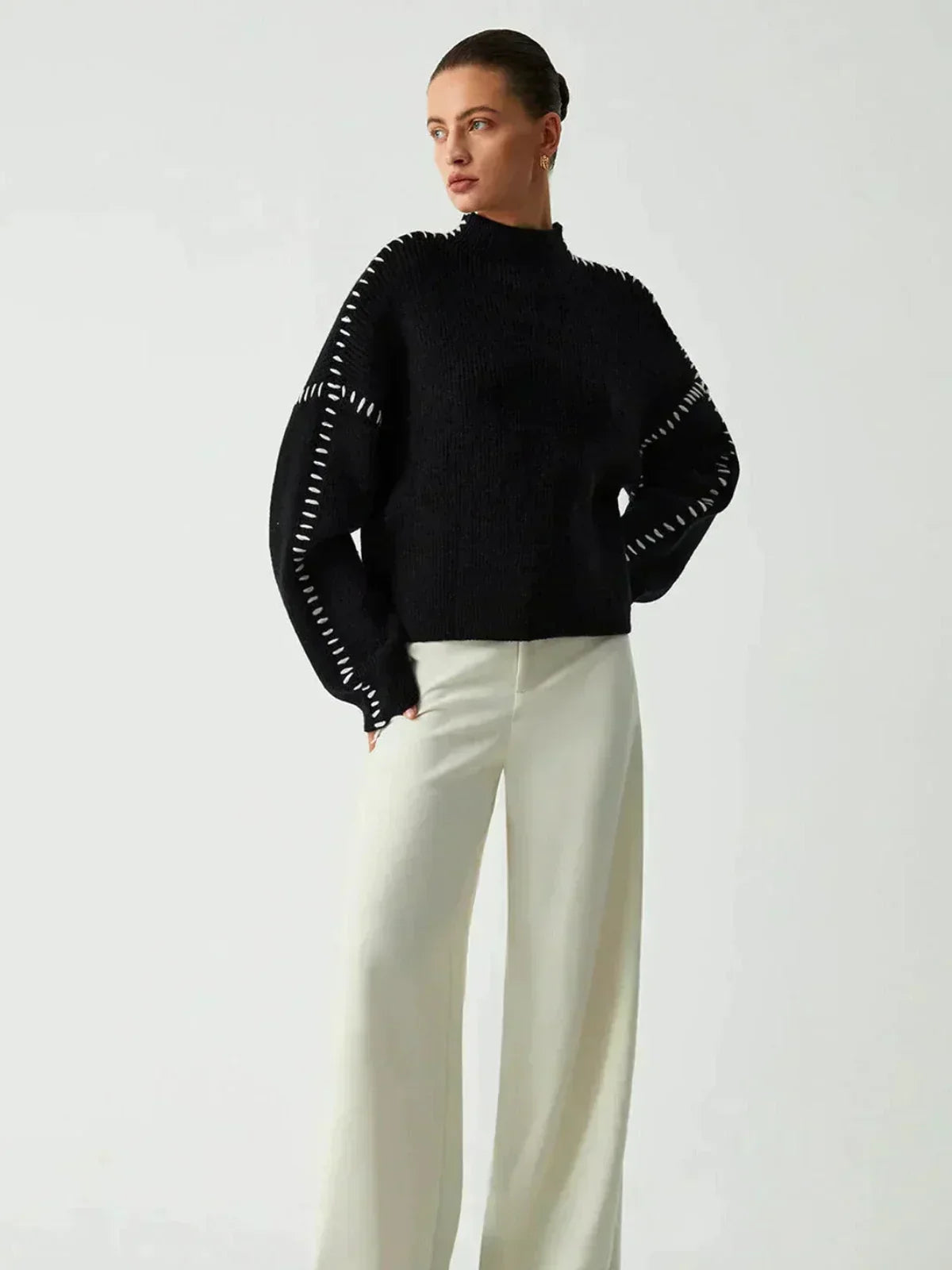 Mock Neck Whipstitch Trim Drop Shoulder Sweater