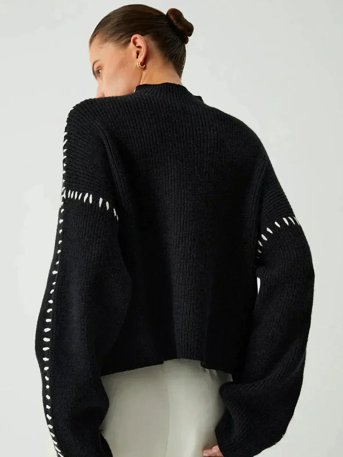 Mock Neck Whipstitch Trim Drop Shoulder Sweater