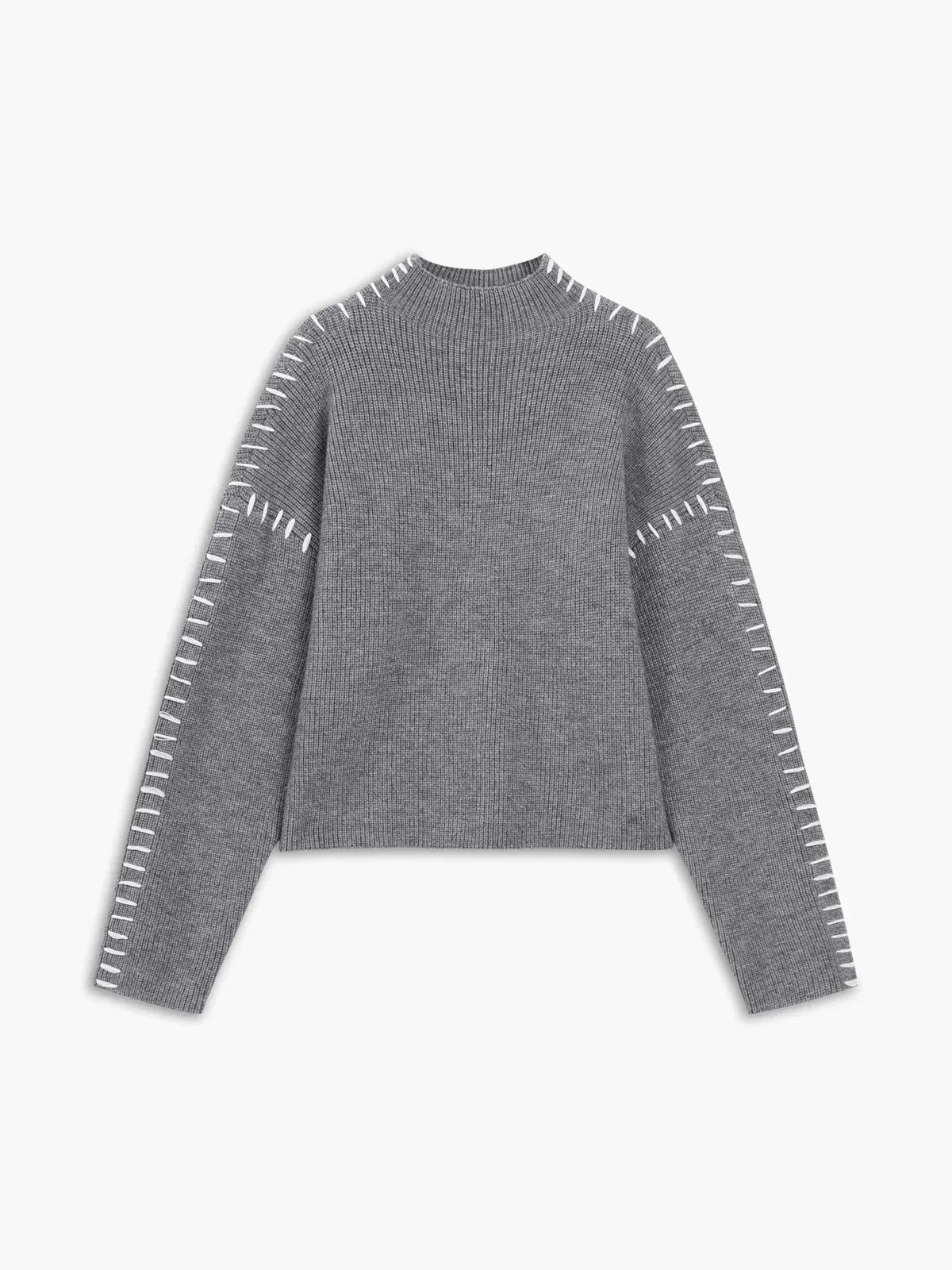 Mock Neck Whipstitch Trim Drop Shoulder Sweater