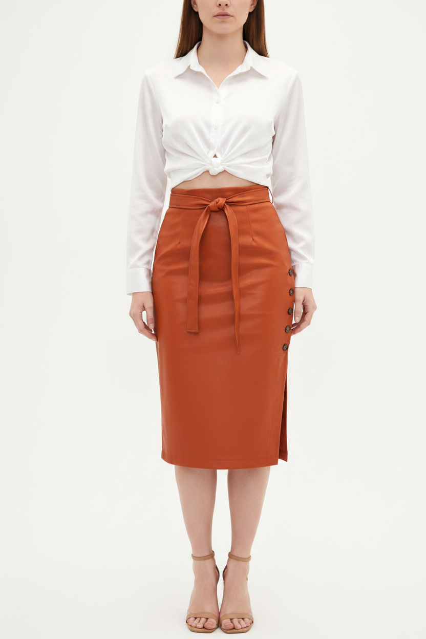 Black Midi Skirt Sleek Pencil Silhouette High Waisted Everyday Work Texture PU Leather