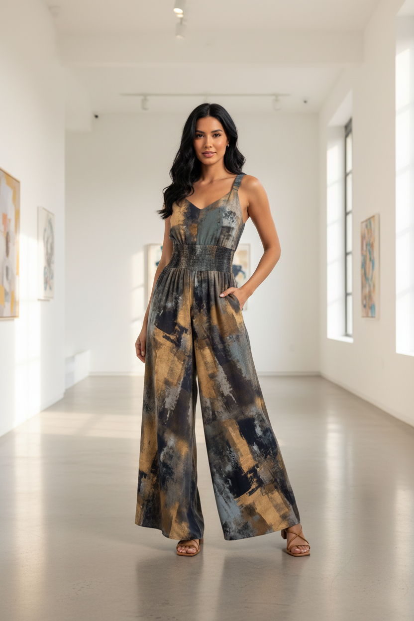 Stylish Wide-Leg Jumpsuit with Pockets and Adjustable Straps