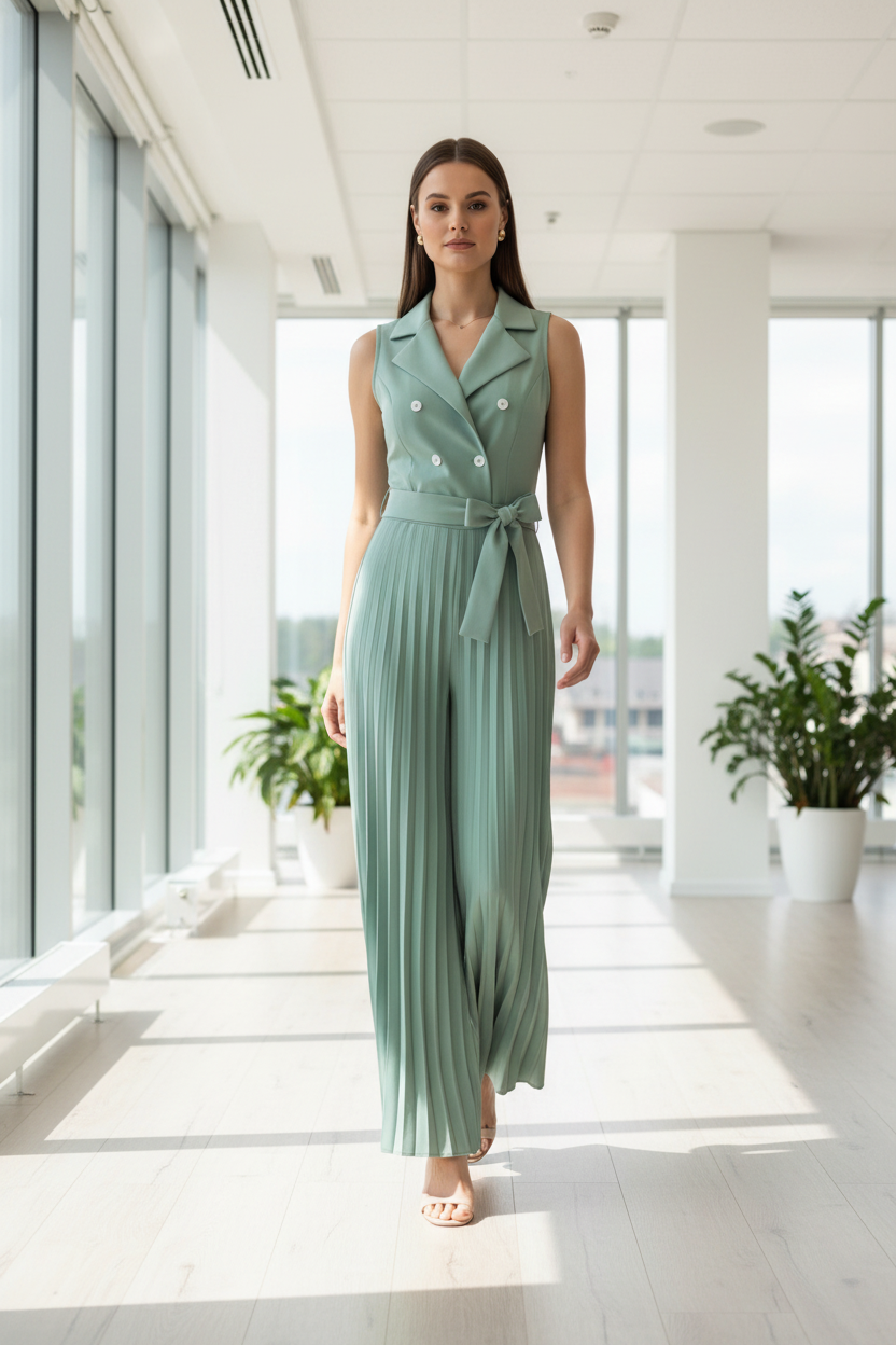 Elegant Tailored Wide-Leg Jumpsuit with Pockets & Adjustable Straps