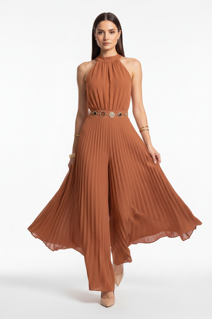 Elegant Pleated Wide-Leg Jumpsuit with Adjustable Straps & Pockets