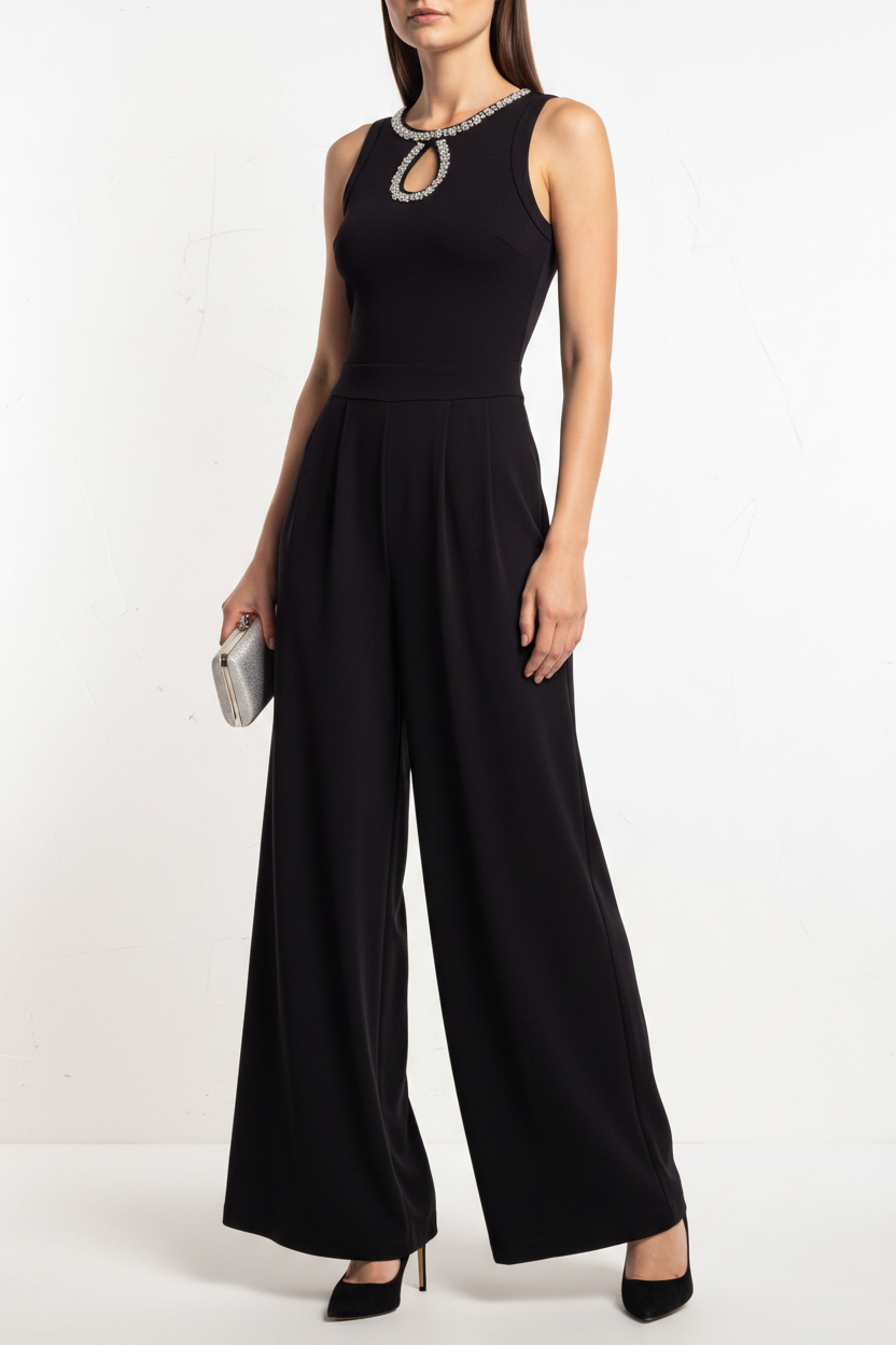 Elegant Pleated Wide-Leg Jumpsuit with Adjustable Waist & Pockets