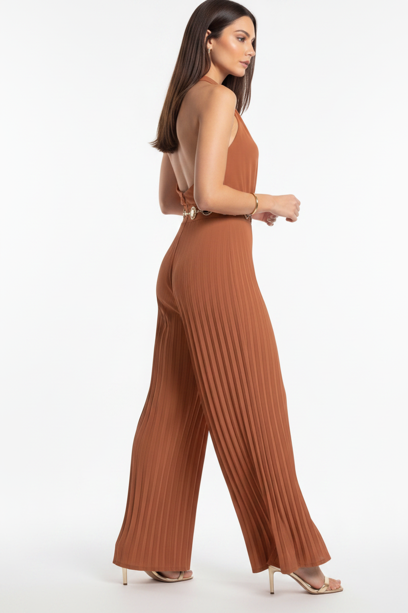 Elegant Pleated Wide-Leg Jumpsuit with Adjustable Straps & Pockets