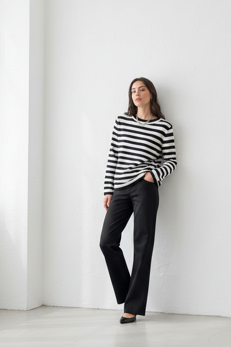 Stylish Black and White Striped Women's Top with Comfortable Fit